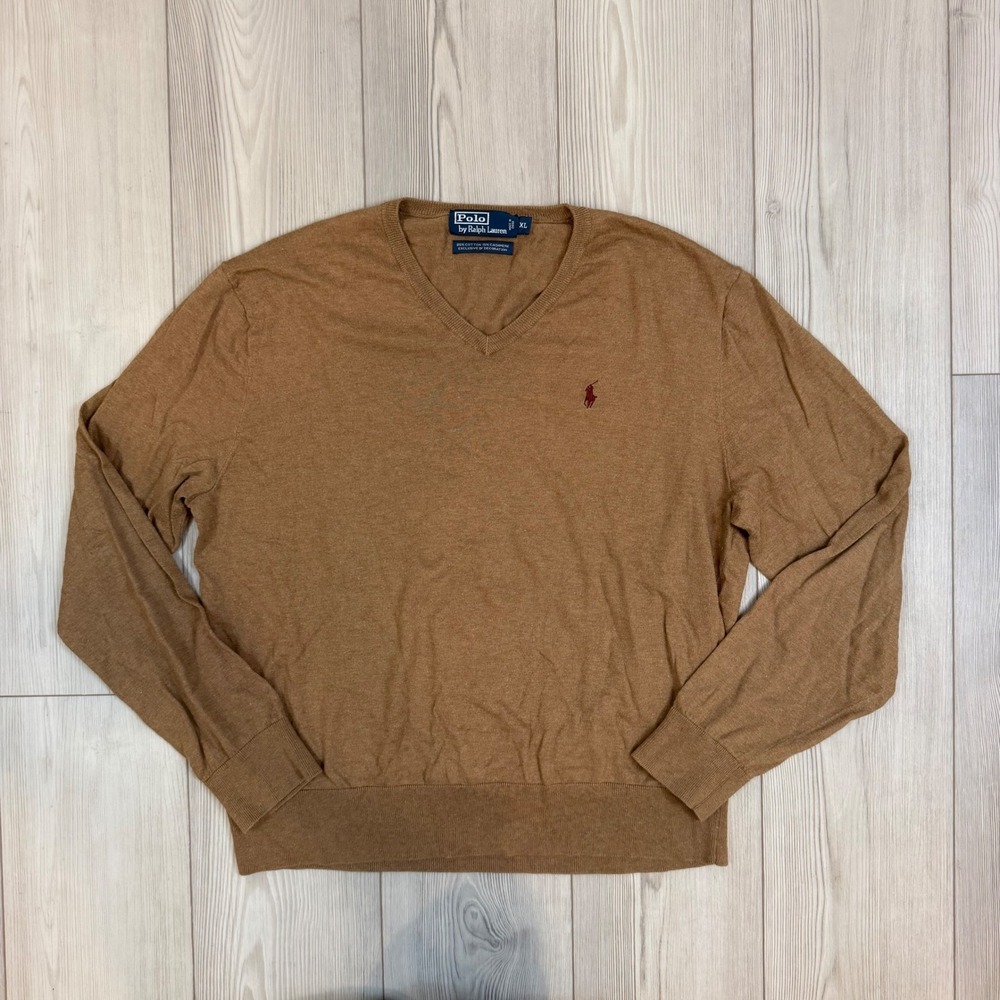 Polo Ralph Lauren Mens XL Brown V-Neck Cotton Cashmere Knit Pony Logo Sweater